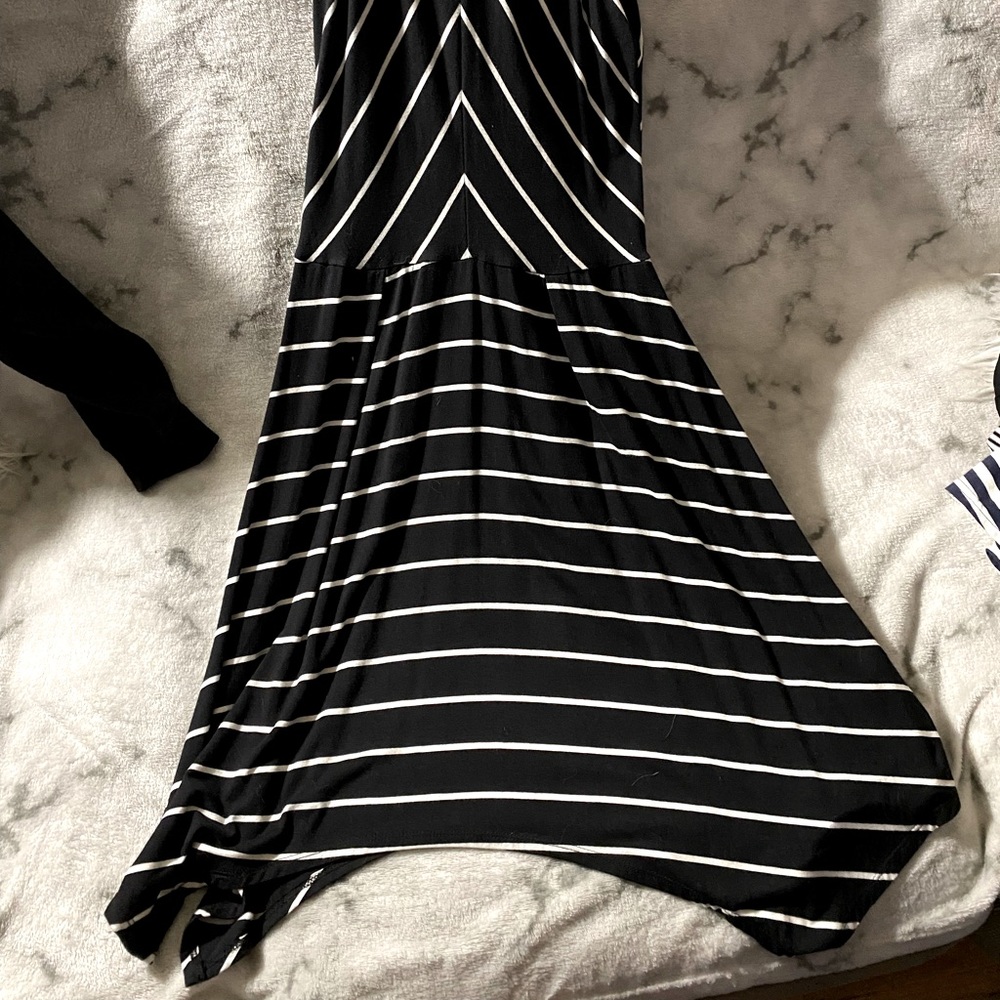 Size large black striped dress; asymmetrical